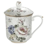 Porcelanowy Kubek z Zaparzaczem i Pokrywką 400 ml - biały w kwiaty