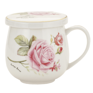 Porcelanowy Kubek z Zaparzaczem i Pokrywką 320 ml - Róża ze złotą obwódką