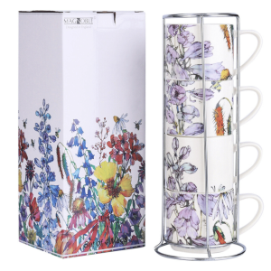 Zestaw czterech kubków 330ml w stojaku - porcelana w fioletowe kwiaty