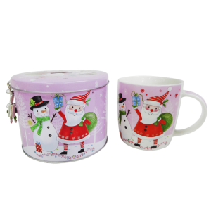 Porcelanowy Kubek 360 ml Świąteczny z Mikołajem i Bałwankiem, z puszką skarbonką
