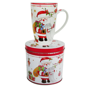 Porcelanowy Kubek 390 ml Świąteczny z Mikołajem, z puszką